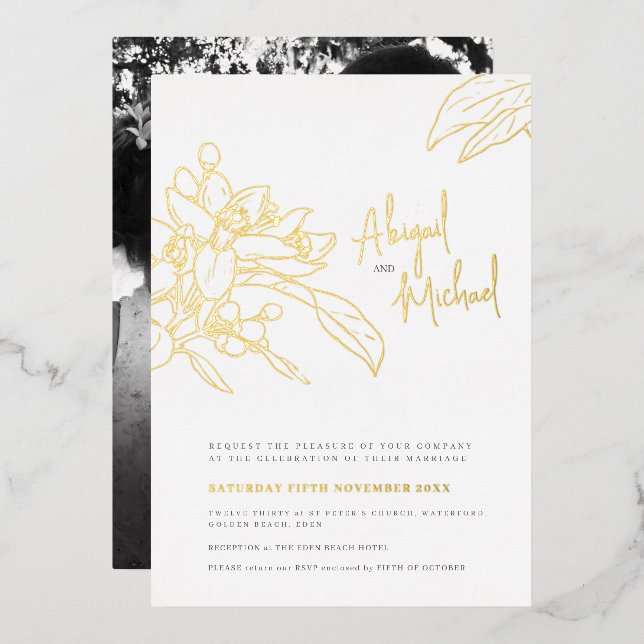 Orange blossom sketch photo wedding foil invitation (Front/Back)