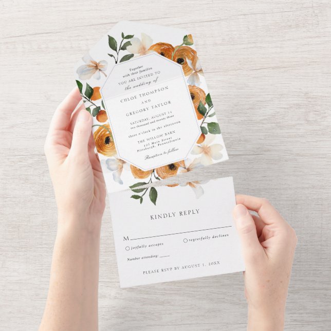 Orange Blossoms and Greenery Wedding All In One All In One Invitation (Tearaway)