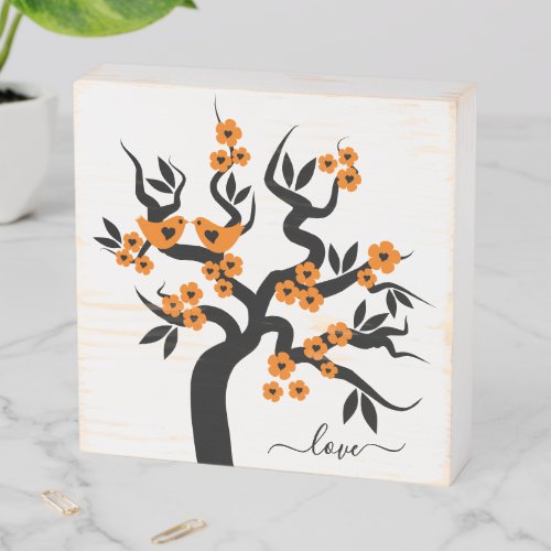 Orange blossoms and Love birds cherry tree Wooden Box Sign
