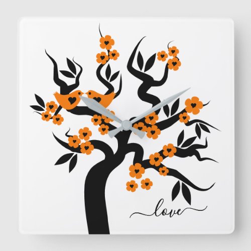 Orange blossoms and Love birds sakura cherry tree  Square Wall Clock