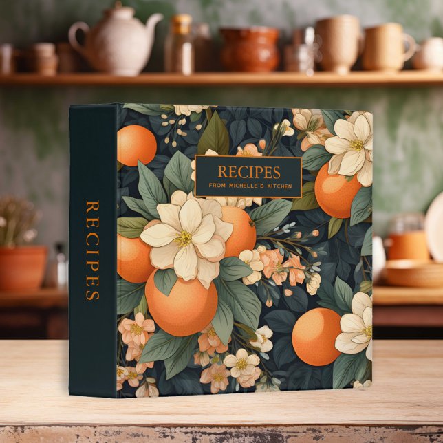 Orange Blossoms Black Family Recipes Cookbook  3 Ring Binder (Elegant oranges and white blossoms on black custom recipe binder)
