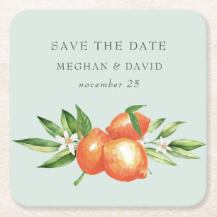 Orange Blossoms Citrus Botanical Wedding Square Paper Coaster