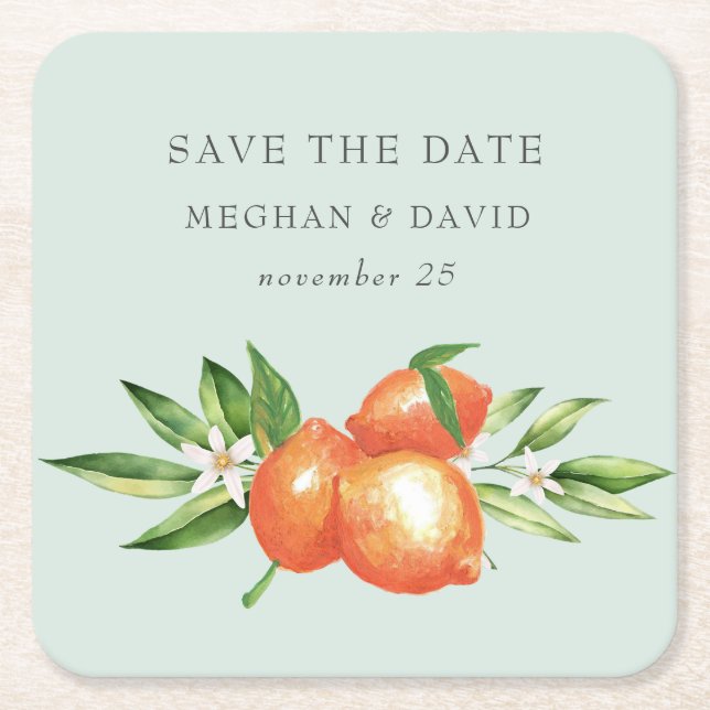 Orange Blossoms Citrus Botanical Wedding  Square Paper Coaster (Front)