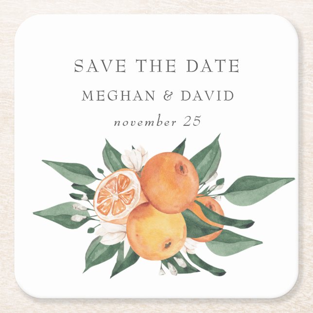 Orange Blossoms Citrus Botanical Wedding  Square Paper Coaster (Front)
