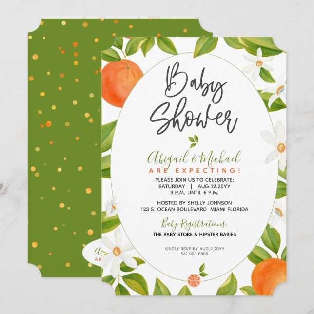 Orange Blossoms Gender Neutral Citrus Baby Shower Invitation (Front/Back)
