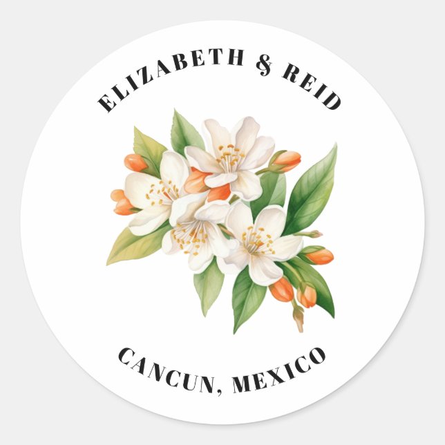 Orange Blossoms & Jasmine Blooms Wedding Classic Round Sticker (Front)