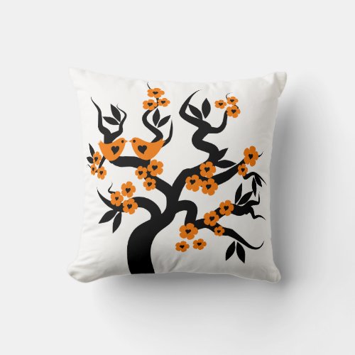 Orange blossoms Love birds sakura cherry tree Throw Pillow