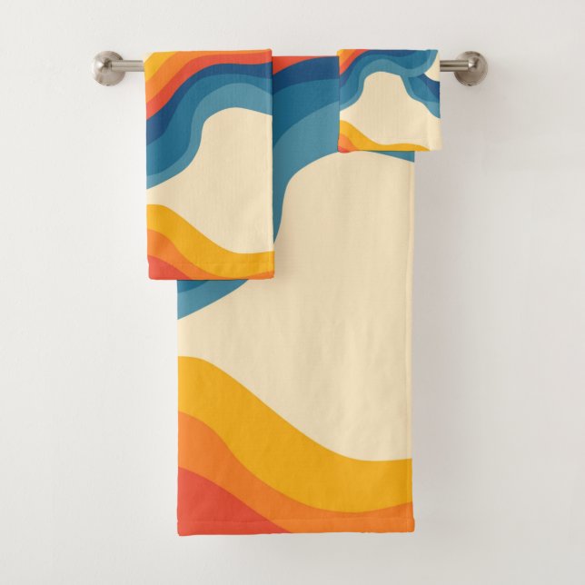 Orange Blue Abstract Retro Wavy Stripe Bold  Bath Towel Set (Insitu)