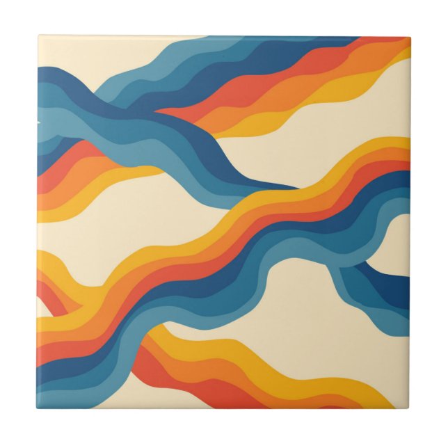 Orange Blue Abstract Retro Wavy Stripe Bold  Ceramic Tile (Front)
