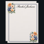 Orange Blue and Cream Floral Letterhead<br><div class="desc">Orange,  blue,  and cream-pink flowers grace the corners of a dark blue border on this letterhead stationery.  The background is off-white on the front and back,  adding elegance to your correspondence.</div>