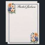 Orange Blue and Cream Floral Letterhead<br><div class="desc">Orange,  blue,  and cream-pink flowers grace the corners of a dark blue border on this letterhead stationery.  The background is off-white on the front and back,  adding elegance to your correspondence.</div>