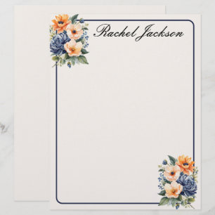 Orange Blue and Cream Floral Stationery Paper