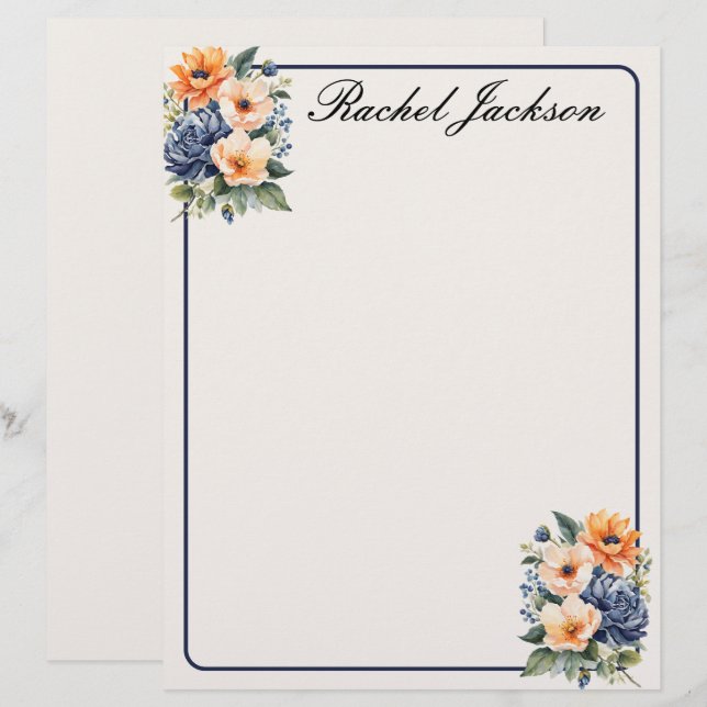 Orange Blue and Cream Floral Stationery Paper (Front/Back)