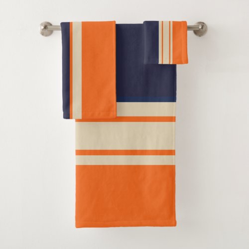 Orange Blue and Taupe Stripes Bath Towel Set