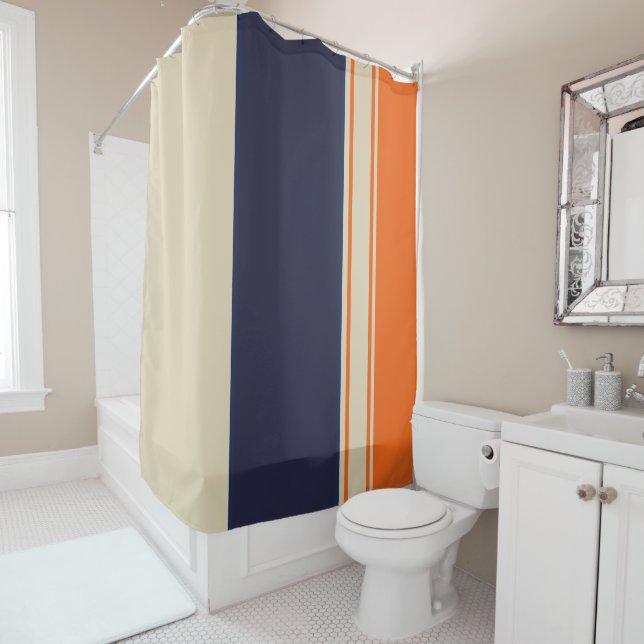 Orange Blue and Taupe Stripes Shower Curtain (In Situ)
