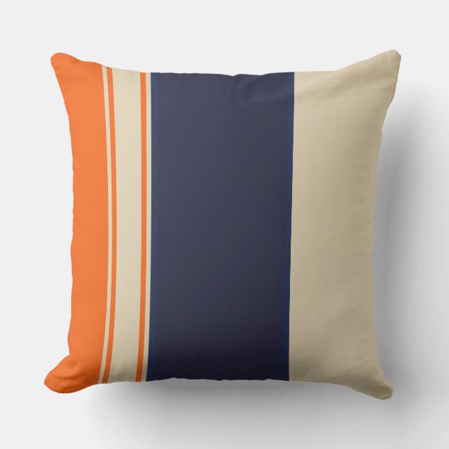 Orange Blue and Taupe Stripes Throw Pillow (Front)