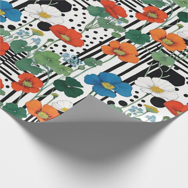 Orange Blue And White Flowers With Black And White Wrapping Paper (Corner)