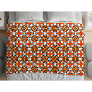 Orange, blue and white geometric mandala fleece blanket
