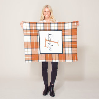 Orange, Blue and White Tartan Plaid Fleece Blanket
