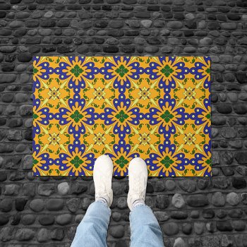 Orange Blue And Yellow Spanish Tile Pattern Doormat by machomedesigns at Zazzle