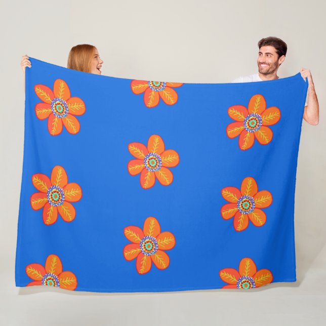 Orange Blue Artsy Flowers  Fleece Blanket (In Situ)