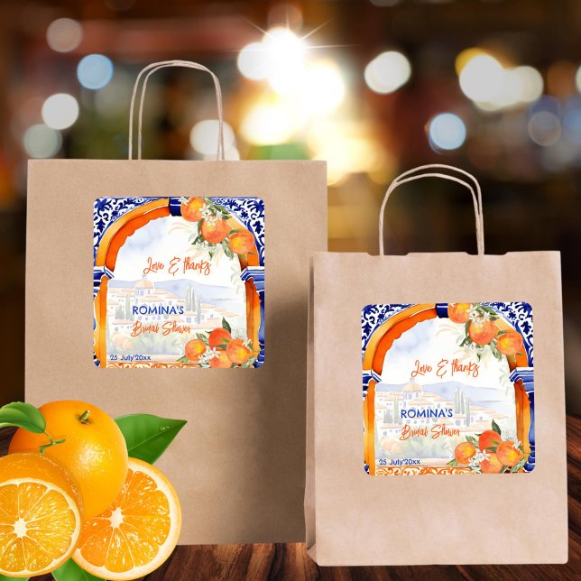 Orange blue azulejo Spanish bridal shower favor Square Sticker (Orange blue azulejo citrus summer Spanish bridal shower thank you favor Sticker template)