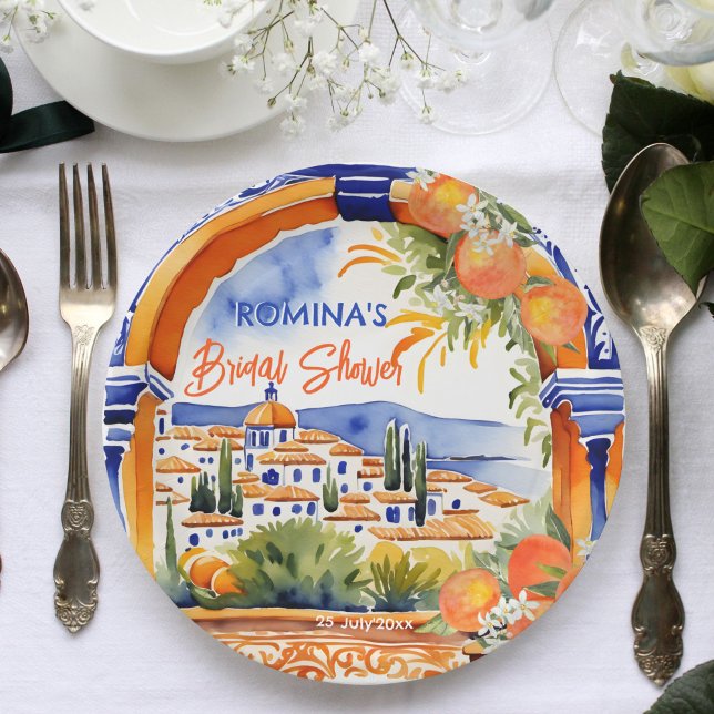 Orange blue azulejo talavera tiles bridal shower paper plates (Orange blue azulejo talavera tiles Spanish citrus summer bridal shower template printed paper plates)