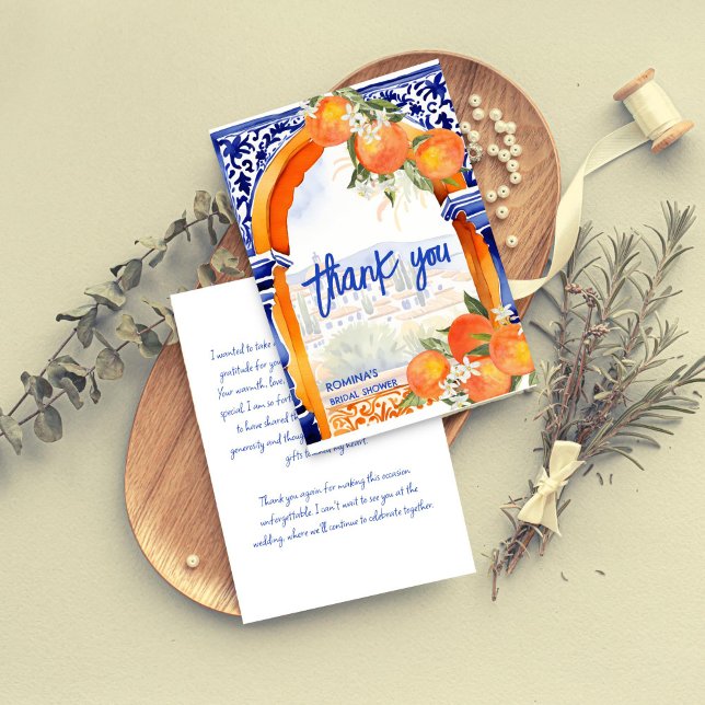 Orange blue azulejo talavera tiles bridal shower thank you card (Orange blue azulejo talavera Spanish tiles summer citrus bridal shower thank you card)
