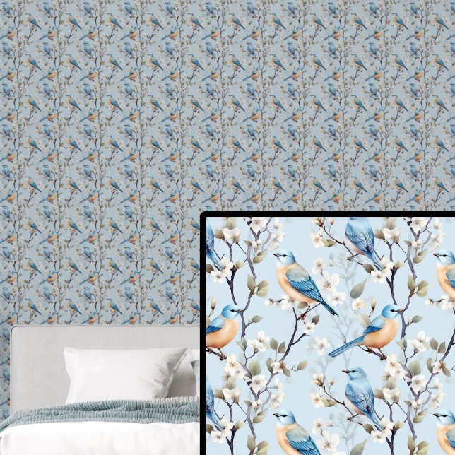 Orange & Blue Birds with Blossoms on Pale Blue     Wallpaper (Creator Uploaded)