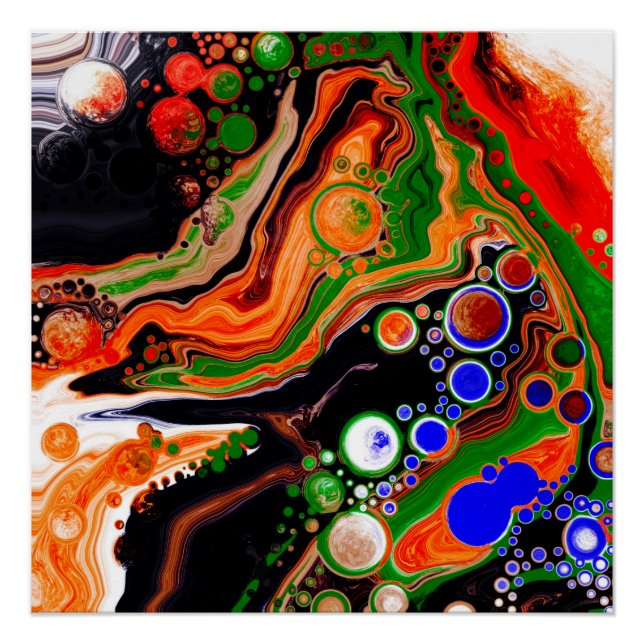 Orange, Blue, Black Digital Fluid Art Poster (Front)