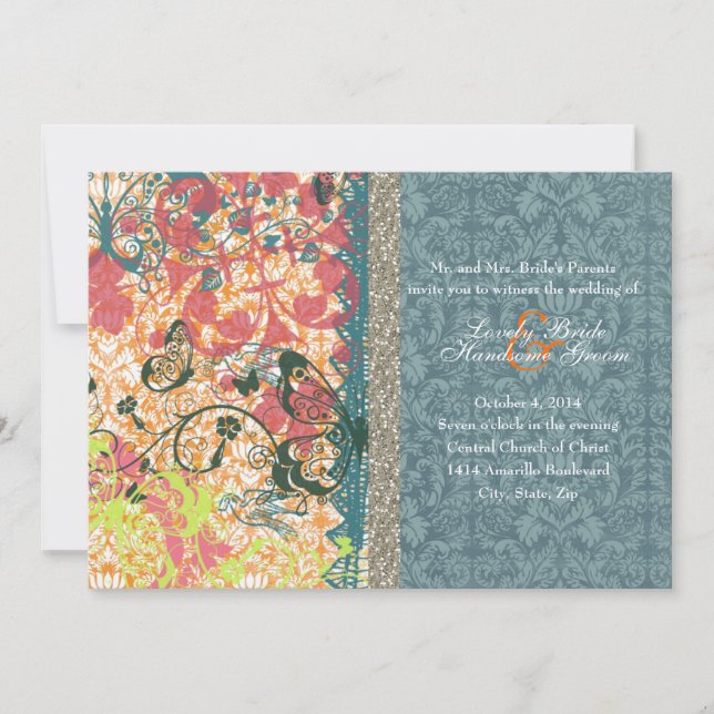 Orange Blue Boho Chic Gypsy Wedding Invitations (Front)