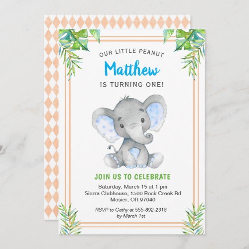 Orange Blue Boy Elephant Birthday Little Gentleman Invitation