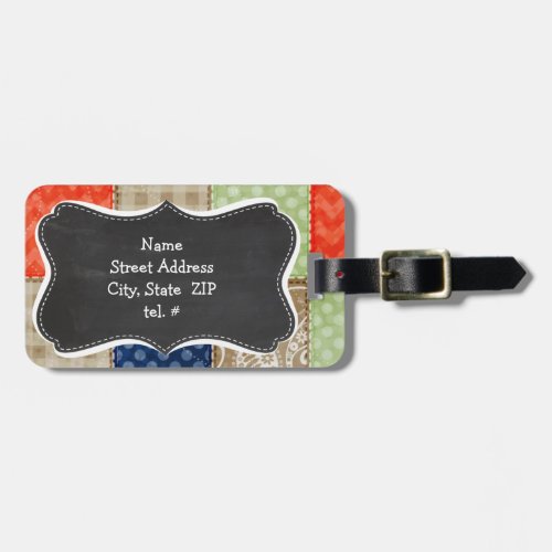 Orange Blue Brown and Sage Green Patchwork look Luggage Tag