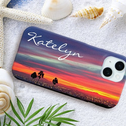 Orange Blue California Sunset Custom Name Script iPhone 15 Case