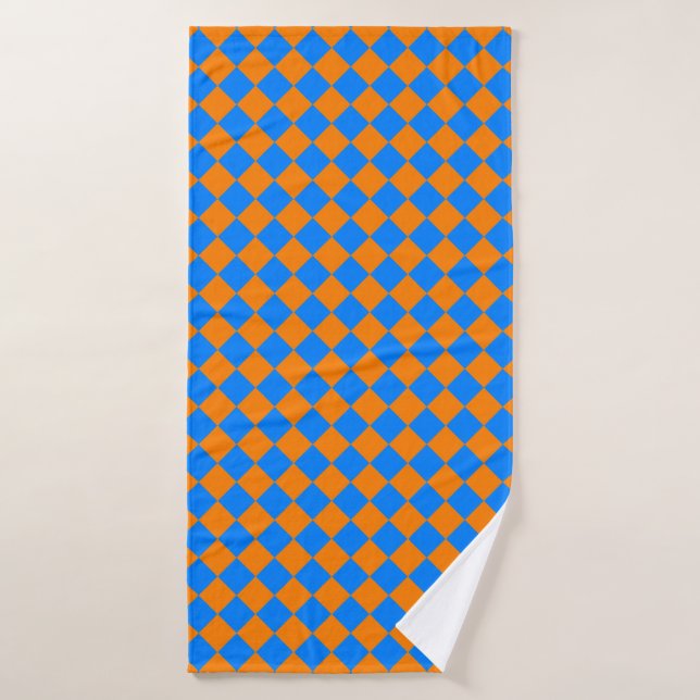 Orange Blue Checker Diamond Pattern Bath Towel (Bath Towel)