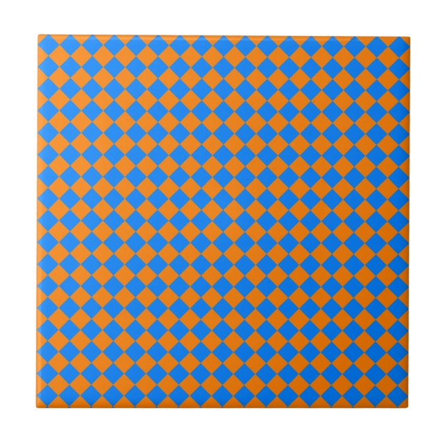Orange Blue Checker Diamond Pattern Ceramic Tile (Front)