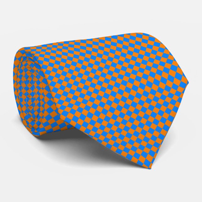 Orange Blue Checker Diamond Pattern Neck Tie (Rolled)