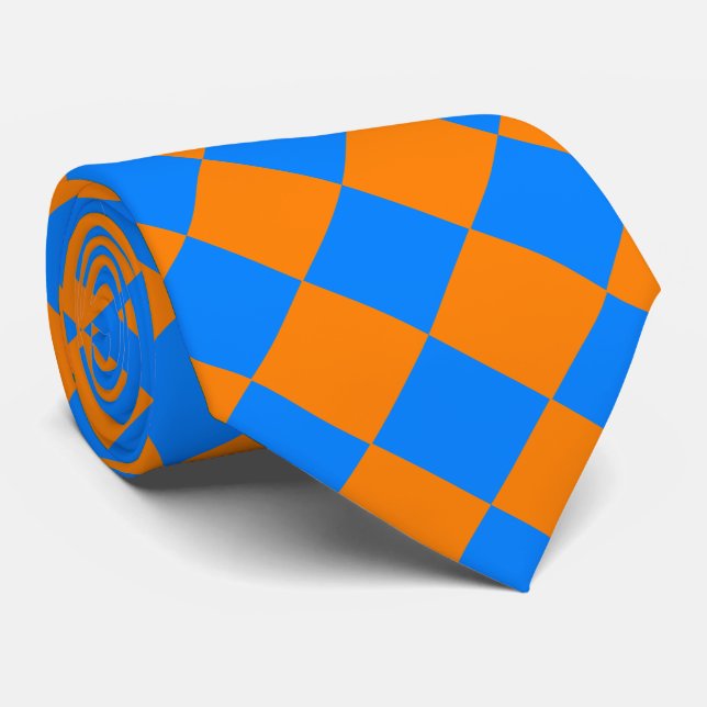 Orange Blue Checker Diamond Pattern Neck Tie (Rolled)
