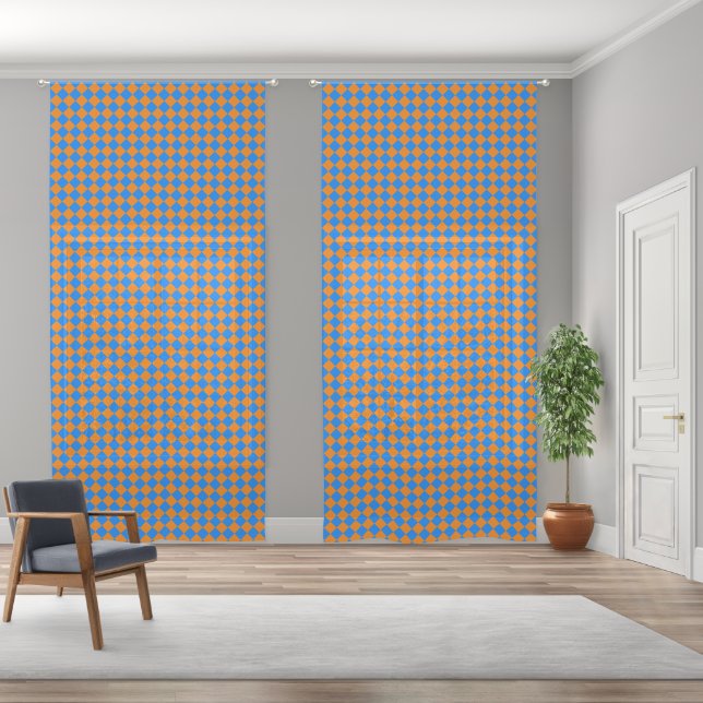 Orange Blue Checker Diamond Pattern Sheer Curtains (Wide)