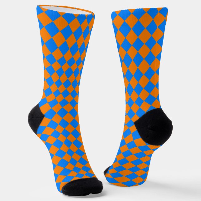 Orange Blue Checker Diamond Pattern Socks (Angled)