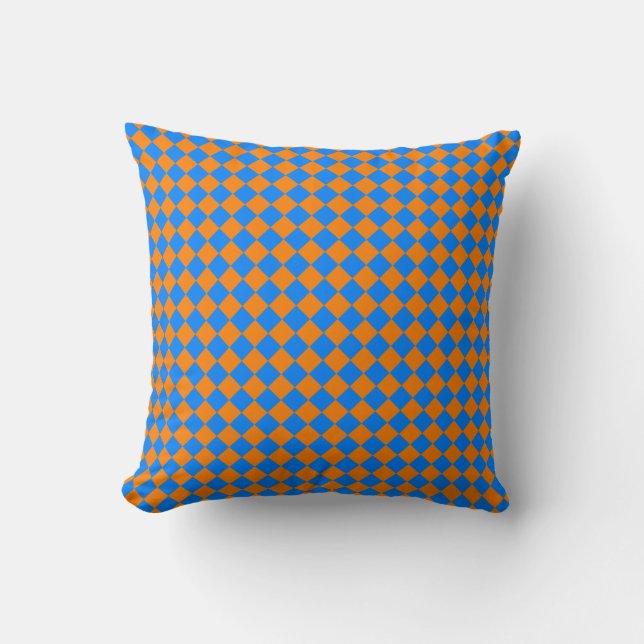 Orange Blue Checker Diamond Pattern Throw Pillow (Front)