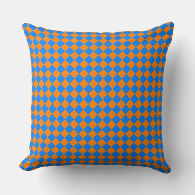 Orange Blue Checker Diamond Pattern Throw Pillow (Front)