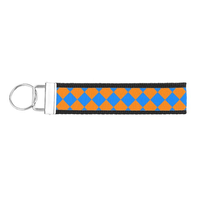 Orange Blue Checker Diamond Pattern Wrist Keychain (Keys on Left)