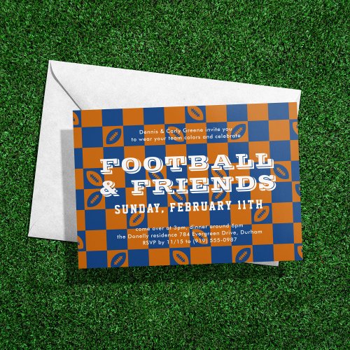 Orange Blue Checkerboard Football Game Watch Party Invitation