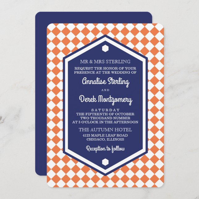 Orange & Blue | Checkered Wedding Invitation (Front/Back)