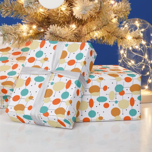 Orange Blue Circles and Lines Mid_century Pattern Wrapping Paper