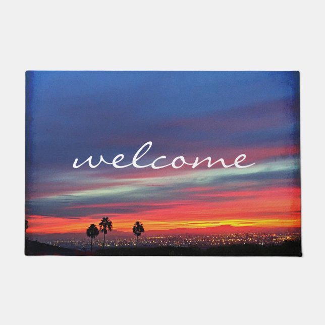 Orange Blue Clouds Sunset Landscape Photo Welcome Doormat (Front)