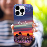 Orange blue clouds sunset ombre confetti dots name iPhone 16 pro case<br><div class="desc">Enjoy nature’s beauty whenever you use this stunning, inspirational photo personalized name cell phone case of a gorgeous, red orange and blue cloud sunset with palm trees, tipped with tiny, sparkly turquoise, purple, pink and gold, ombre confetti dots. Makes a great gift for someone special! Just type in the name...</div>