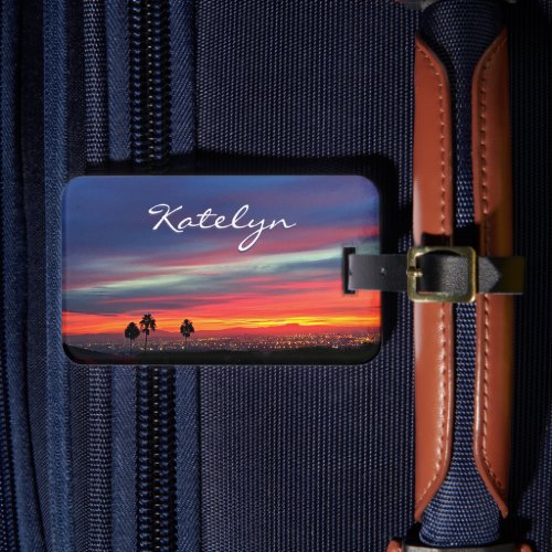 Orange blue clouds sunset photo script custom name luggage tag