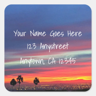 Orange blue coastal sunset photo return address square sticker